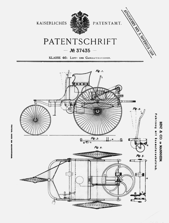 Le 29 janvier 1886, Carl Benz a déposé une demande de brevet pour son "voiture à essence" (dessins du modèle tirés du document de brevet). (photo: Mercedes Benz Classic)